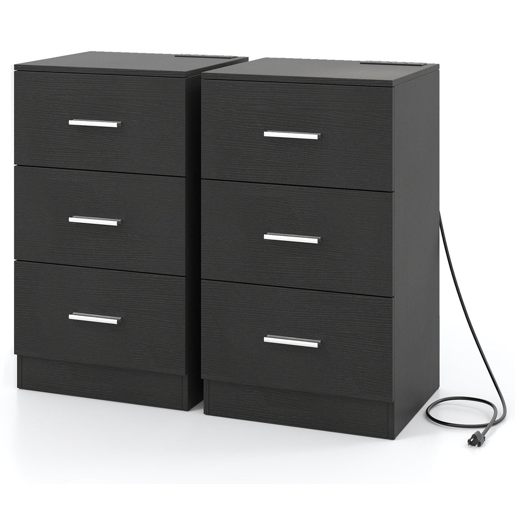 Set of 2 Nightstand with Charging Station End Table with 3 Storage Drawers Bedside Table for Bedroom