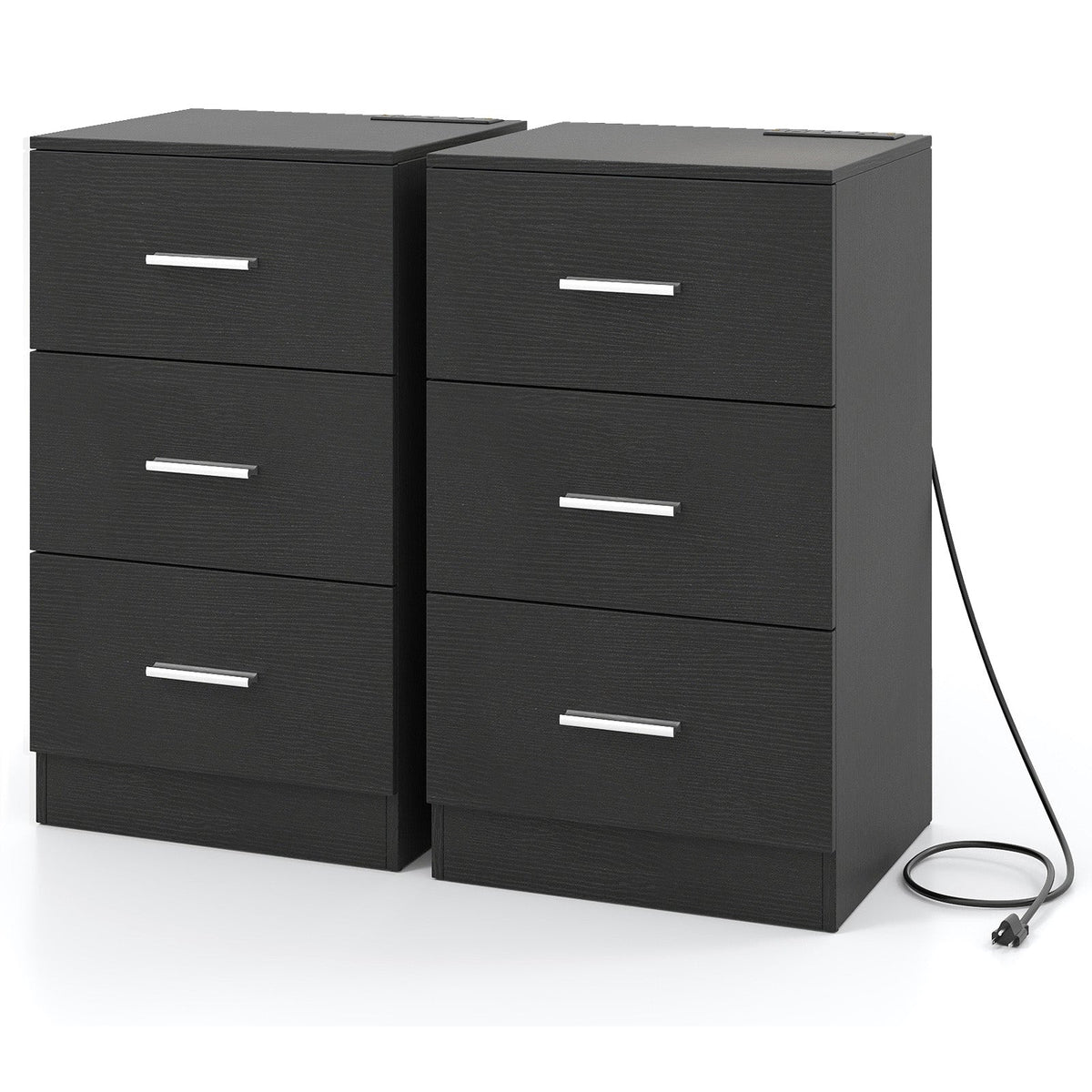 Set of 2 Nightstand with Charging Station End Table with 3 Storage Drawers Bedside Table for Bedroom
