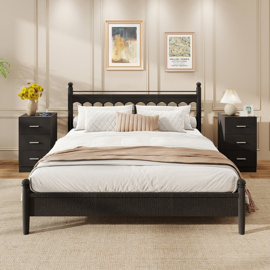 Set of 2 Nightstand with Charging Station End Table with 3 Storage Drawers Bedside Table for Bedroom