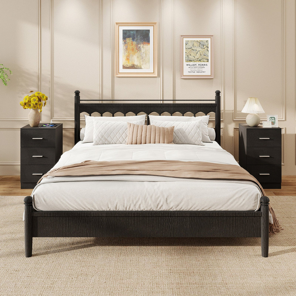 Set of 2 Nightstand with Charging Station End Table with 3 Storage Drawers Bedside Table for Bedroom