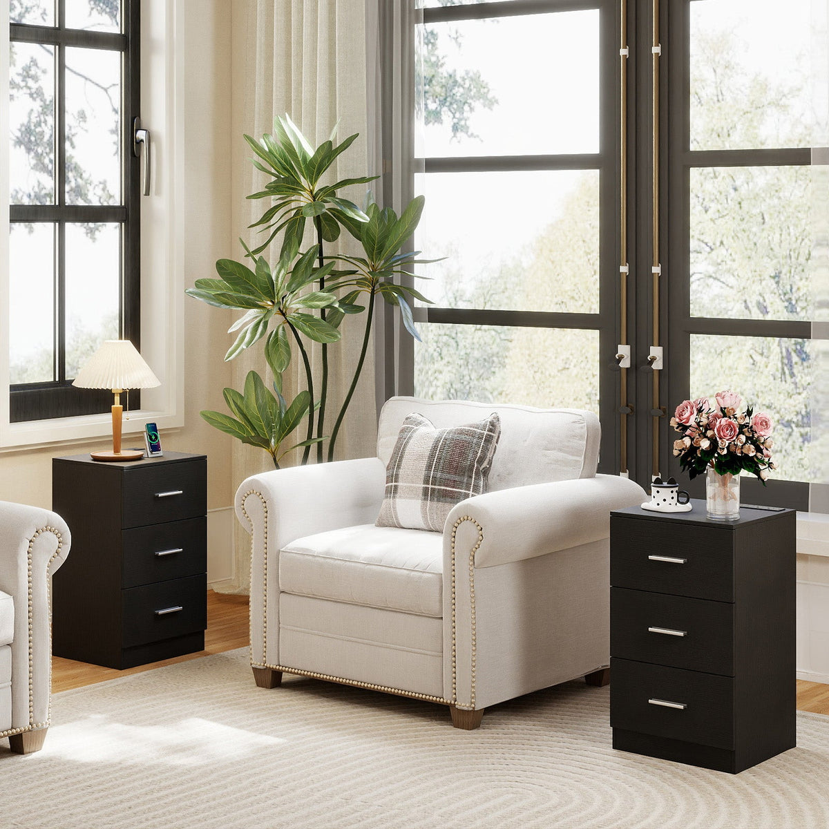 Set of 2 Nightstand with Charging Station End Table with 3 Storage Drawers Bedside Table for Bedroom