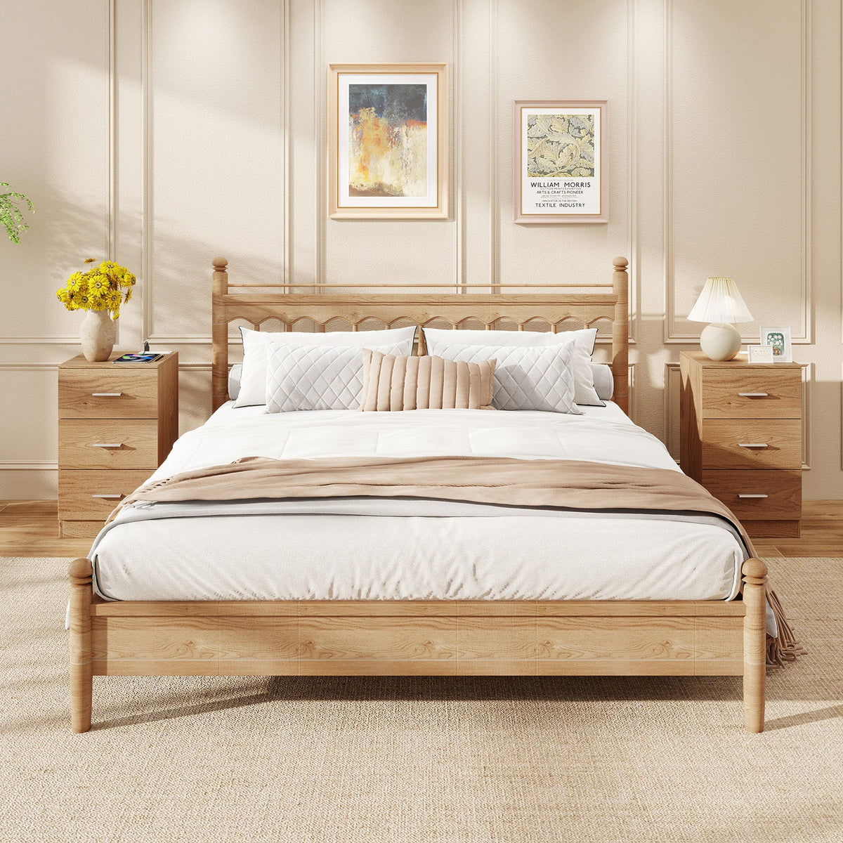 Set of 2 Nightstand with Charging Station End Table with 3 Storage Drawers Bedside Table for Bedroom