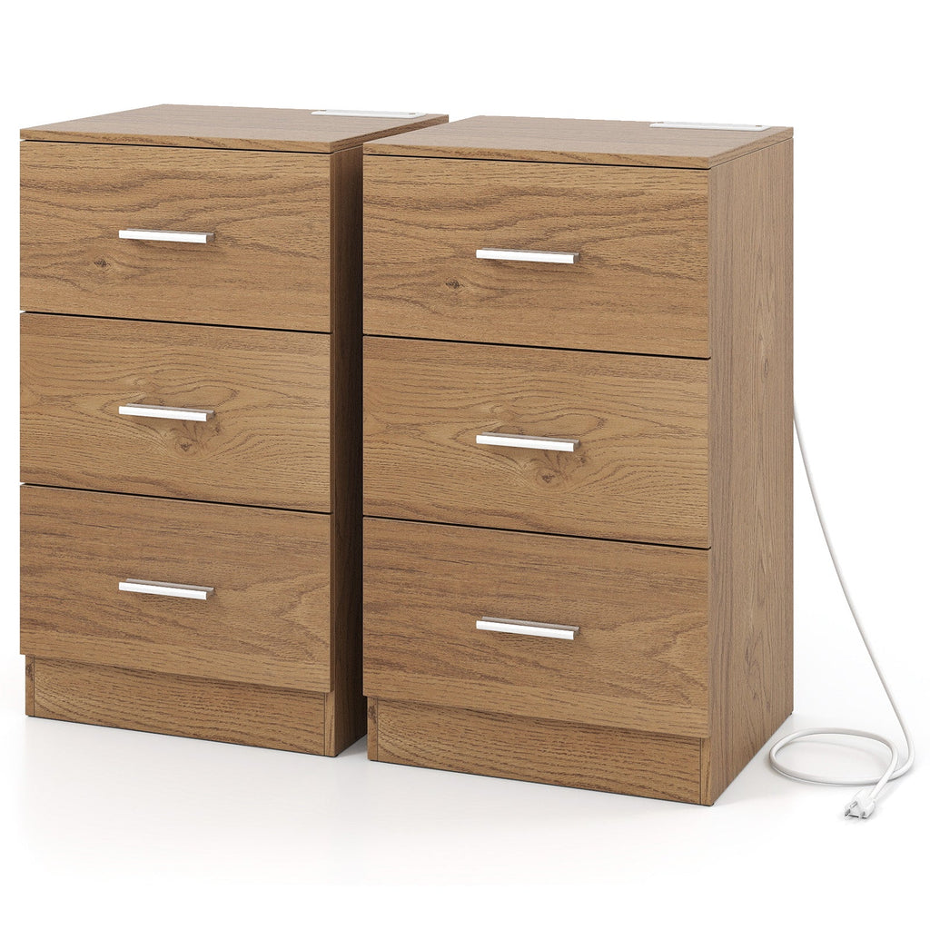 Set of 2 Nightstand with Charging Station End Table with 3 Storage Drawers Bedside Table for Bedroom