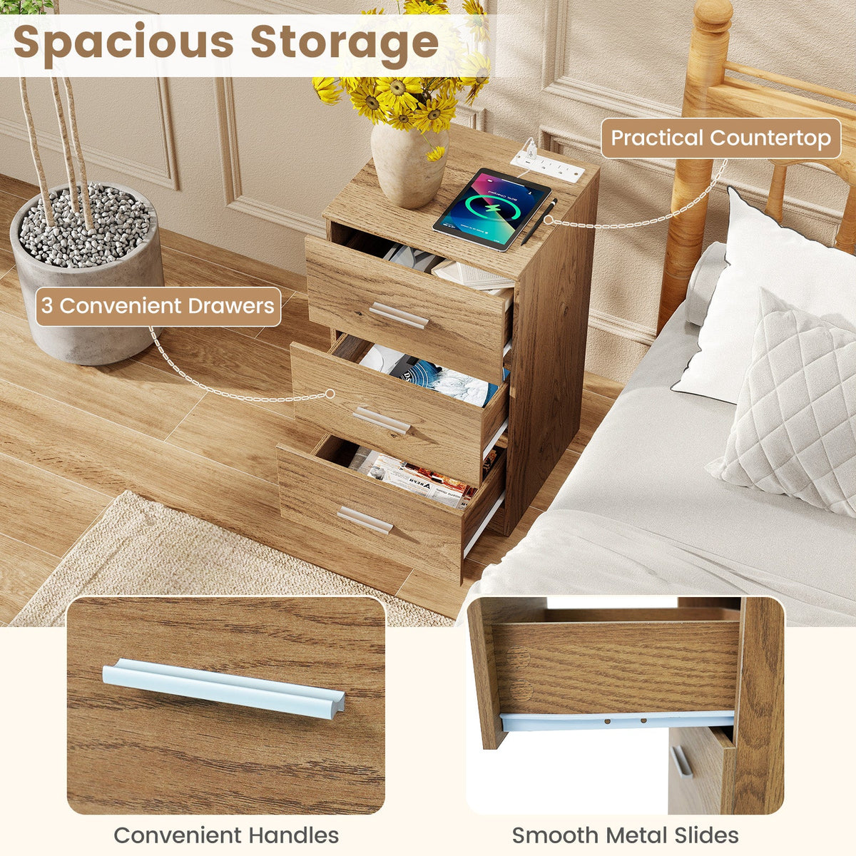 Set of 2 Nightstand with Charging Station End Table with 3 Storage Drawers Bedside Table for Bedroom