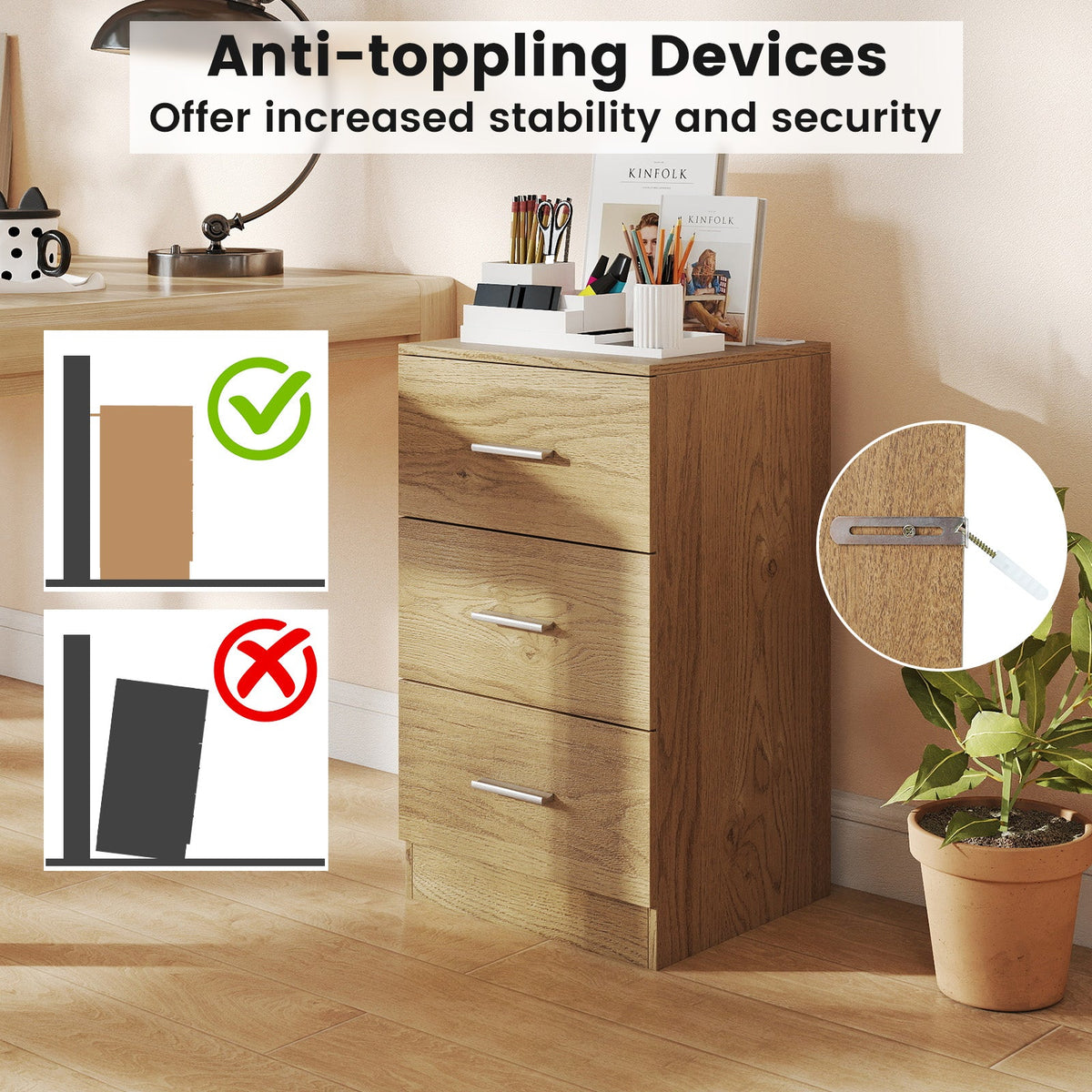 Set of 2 Nightstand with Charging Station End Table with 3 Storage Drawers Bedside Table for Bedroom