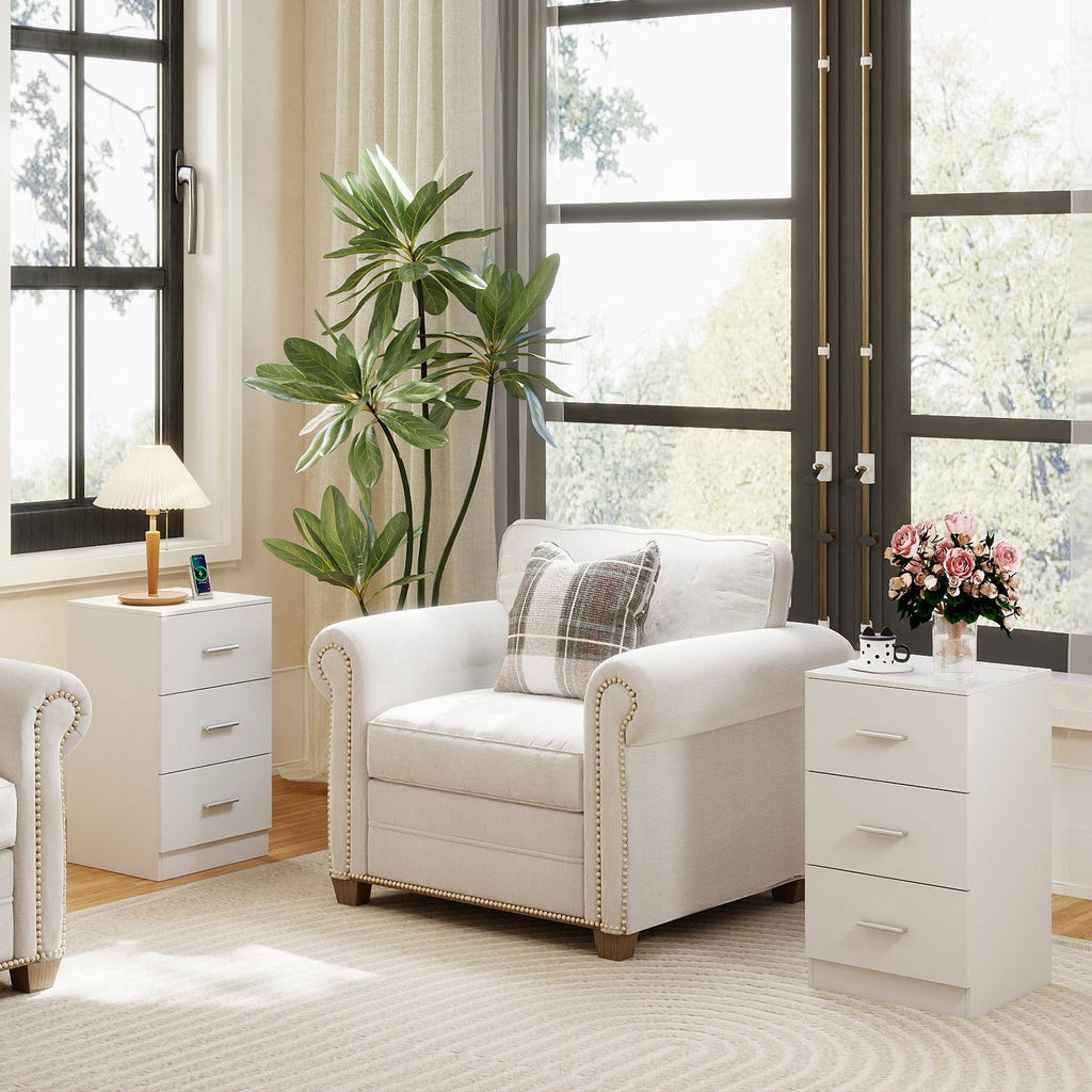 Set of 2 Nightstand with Charging Station End Table with 3 Storage Drawers Bedside Table for Bedroom