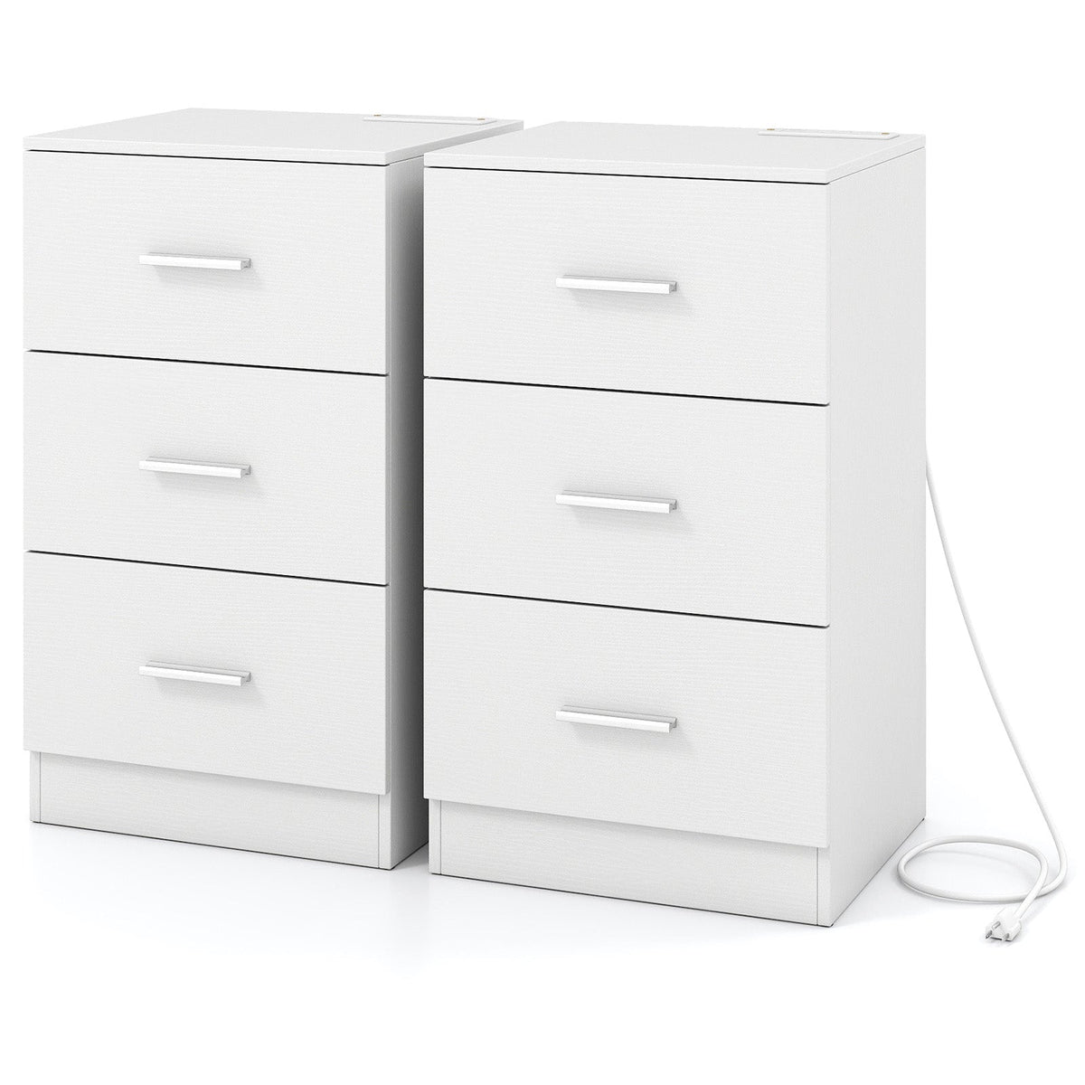 Set of 2 Nightstand with Charging Station End Table with 3 Storage Drawers Bedside Table for Bedroom