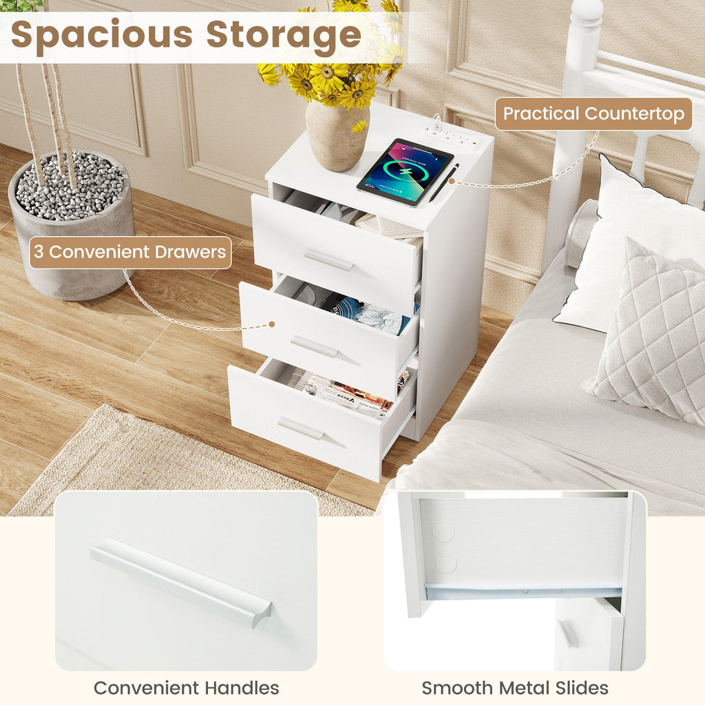Set of 2 Nightstand with Charging Station End Table with 3 Storage Drawers Bedside Table for Bedroom