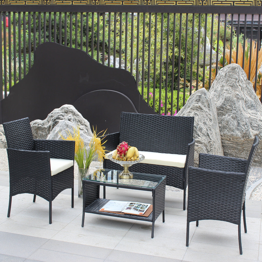4 PC Rattan Patio Furniture Set with Cushioned Sofa - Black