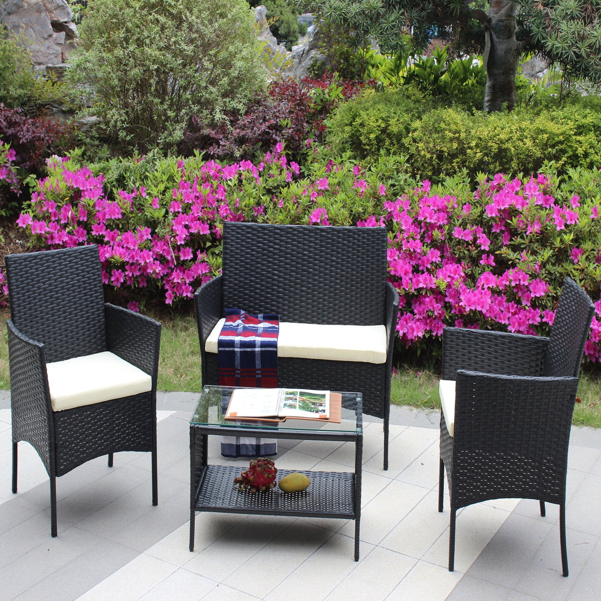 4 PC Rattan Patio Furniture Set with Cushioned Sofa - Black