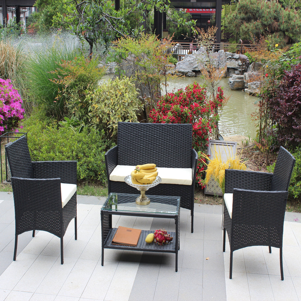 4 PC Rattan Patio Furniture Set with Cushioned Sofa - Black