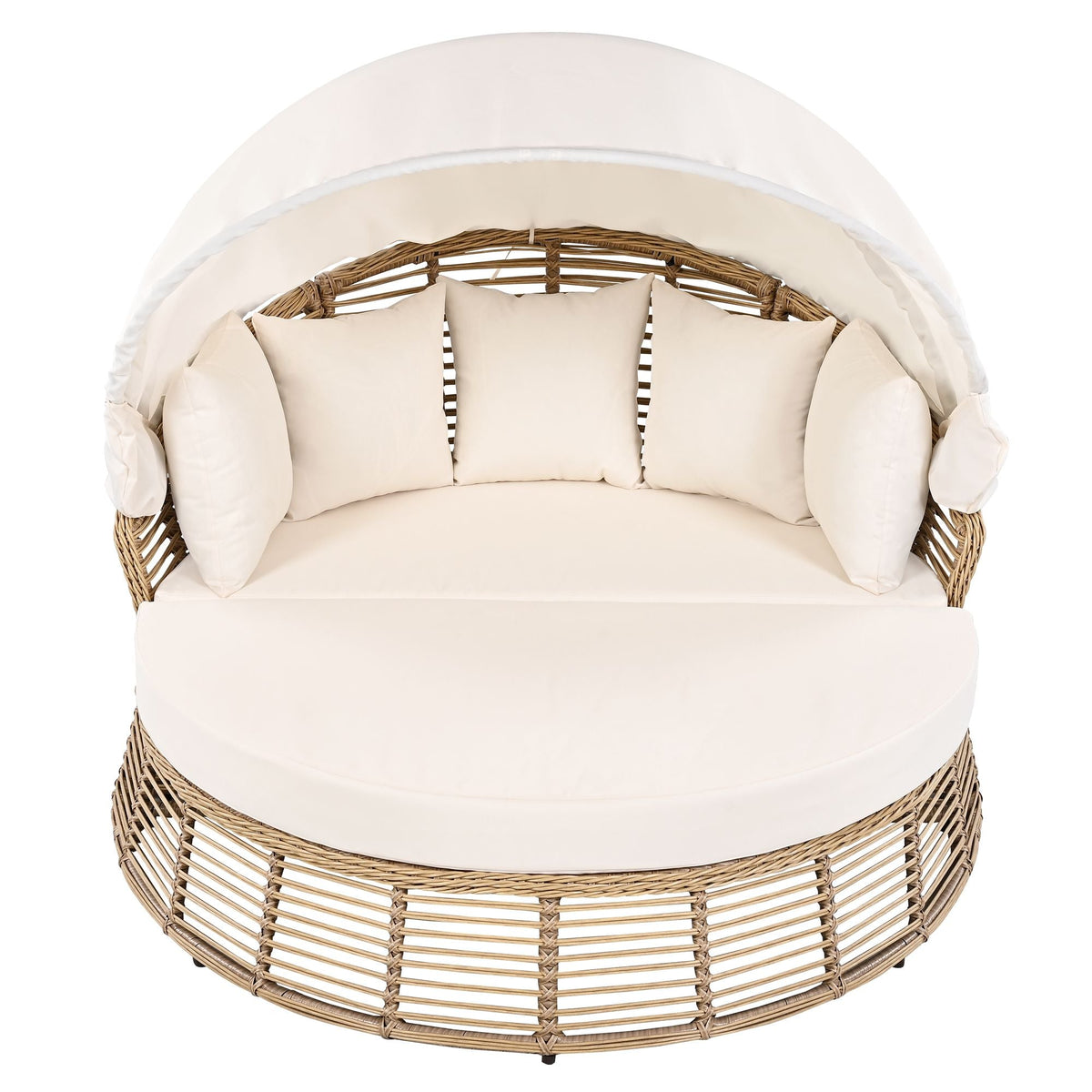 Outdoor Patio Rattan Round Daybed with Retractable Canopy, Wicker Furniture Round Poolside Sofa Sunbed with Removable Cushions, Backyard, Porch