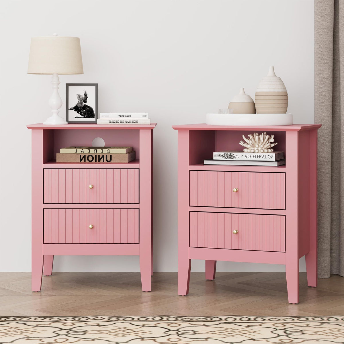 Modern Fluted Night Stand Pair - Chic Pink Wooden End Tables with 2 Drawers and Gold Handles for Bedrooms