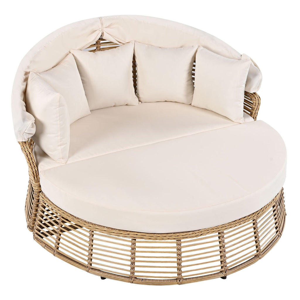 Outdoor Patio Rattan Round Daybed with Retractable Canopy, Wicker Furniture Round Poolside Sofa Sunbed with Removable Cushions, Backyard, Porch