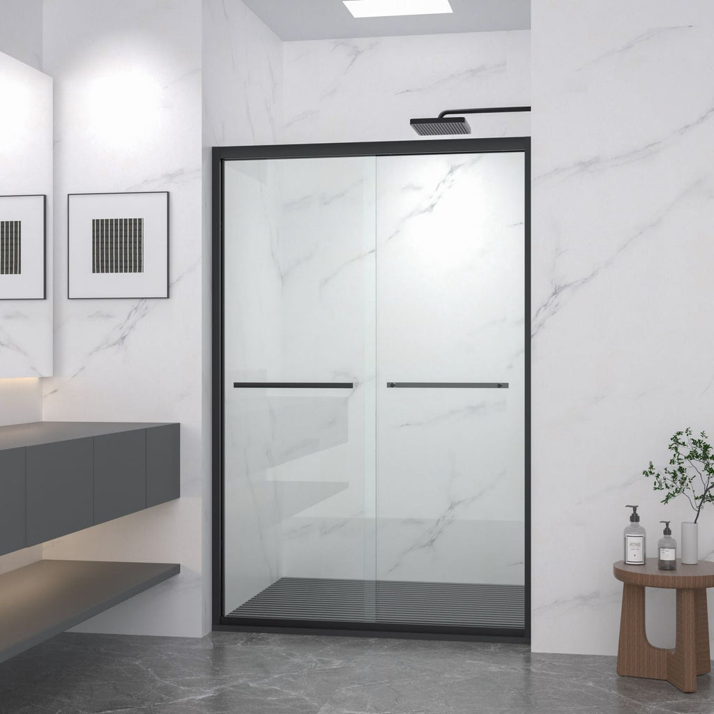 Aluminum Frame Double Sliding Shower Door, Bypass Bathroom Sliding Door with Premium 5/16" (8mm) Clear Tempered Glass, Sliding Glass, Matte Black