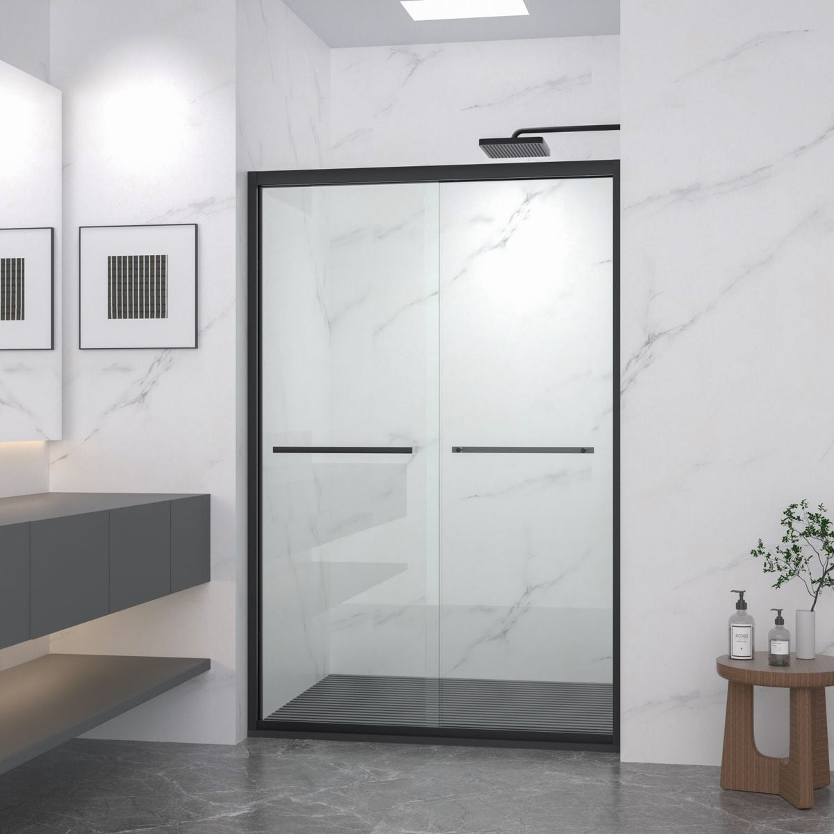 Aluminum Frame Double Sliding Shower Door, Bypass Bathroom Sliding Door with Premium 5/16" (8mm) Clear Tempered Glass, Sliding Glass, Matte Black