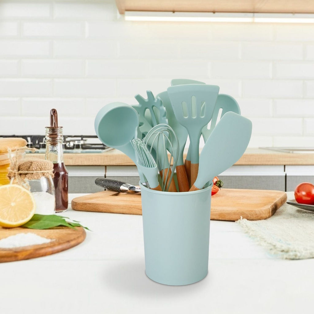 11-Piece Premium Silicone Cooking Utensil Set with Heat-Resistant Wooden Handles for Versatile Kitchen Use