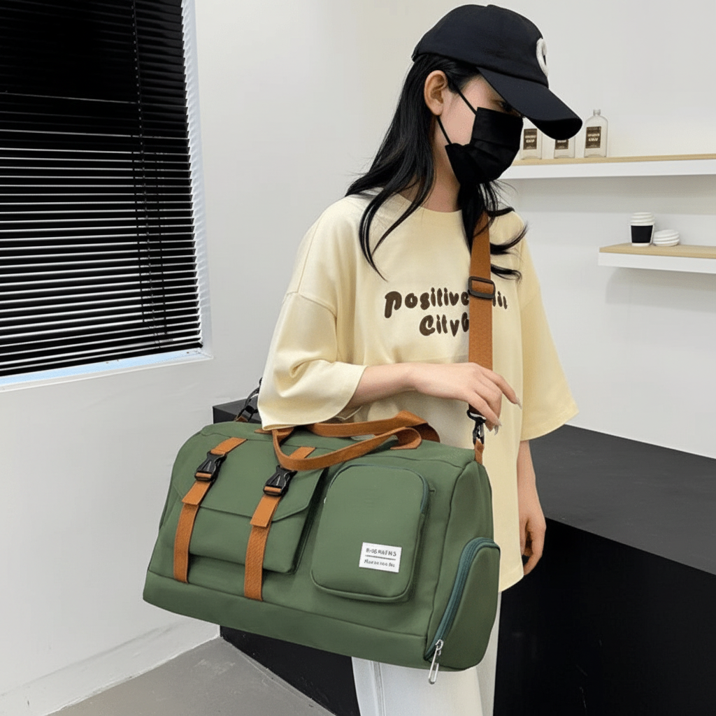 Large capacity travel storage bag with multiple pockets for dry and wet separation, suitable for both handheld and crossbody use, super practical