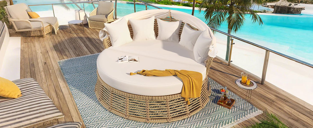 Outdoor Patio Rattan Round Daybed with Retractable Canopy, Wicker Furniture Round Poolside Sofa Sunbed with Removable Cushions, Backyard, Porch