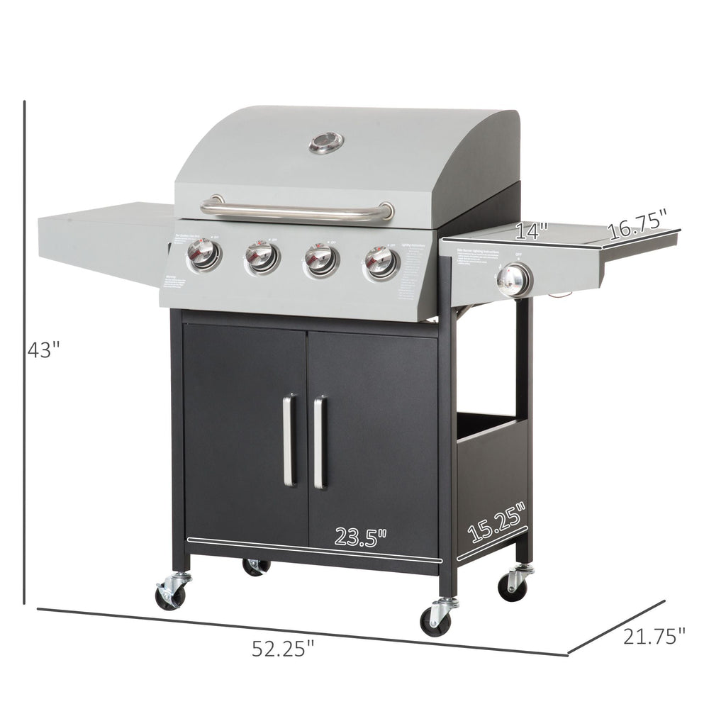52" Barbecue Grill with Wheels, 4+1 Burner Liquid Propane Gas Grill, Outdoor Cabinet Style Silver