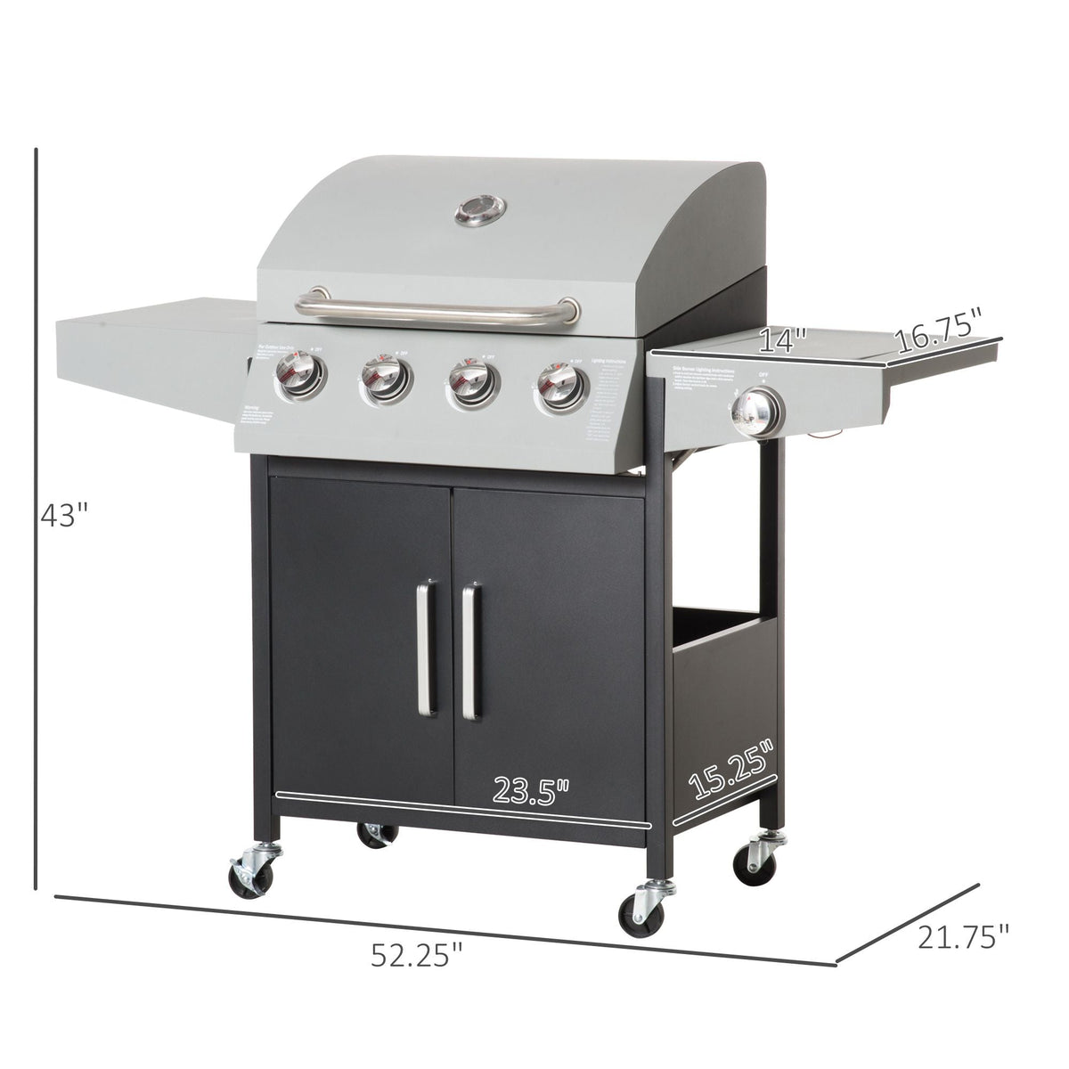 52" Barbecue Grill with Wheels, 4+1 Burner Liquid Propane Gas Grill, Outdoor Cabinet Style Silver