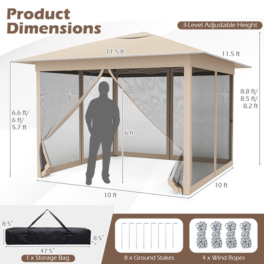 11.5x11.5 FT Pop-up Canopy, Instant 1-Person Setup Outdoor Patio Umbrella with Mesh Screen Netting