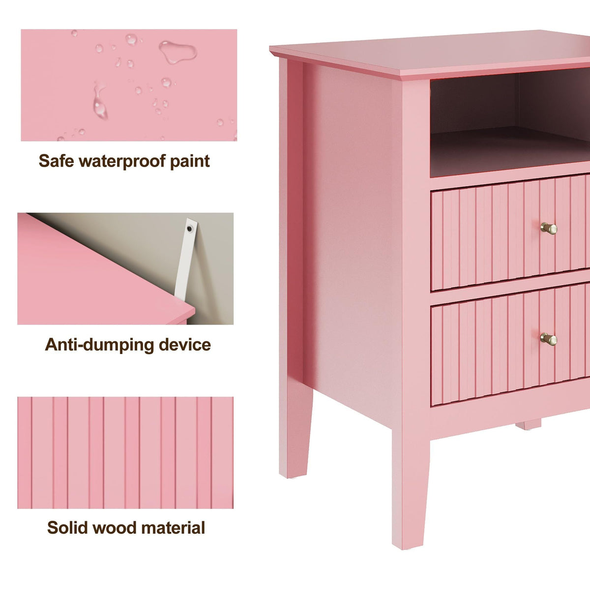 Modern Fluted Night Stand Pair - Chic Pink Wooden End Tables with 2 Drawers and Gold Handles for Bedrooms