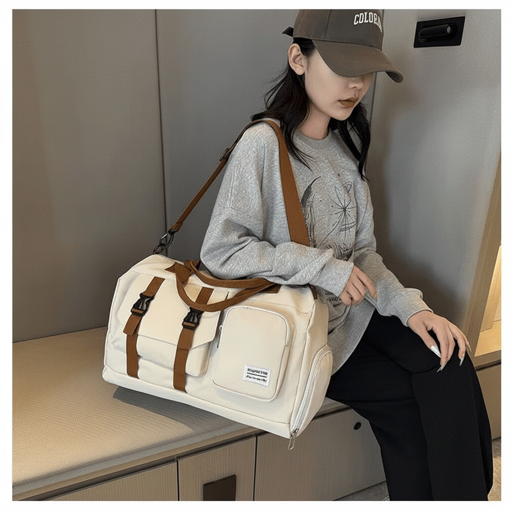 Large capacity travel storage bag with multiple pockets for dry and wet separation, suitable for both handheld and crossbody use, super practical