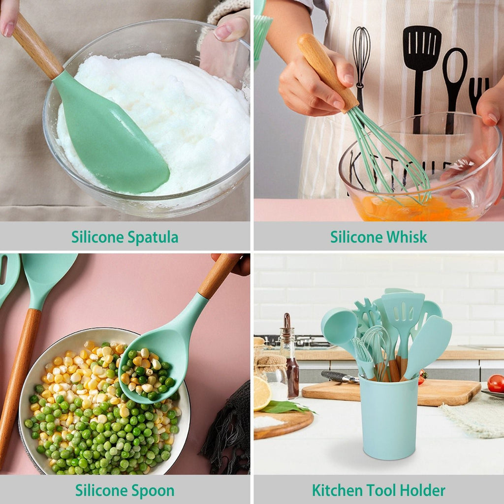 11-Piece Premium Silicone Cooking Utensil Set with Heat-Resistant Wooden Handles for Versatile Kitchen Use