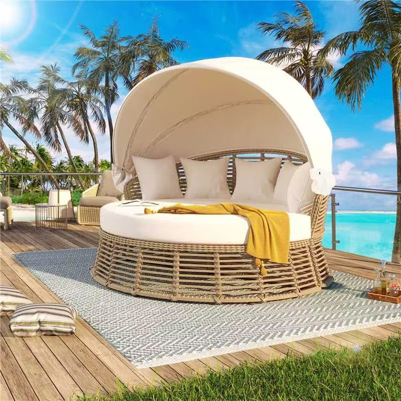 Outdoor Patio Rattan Round Daybed with Retractable Canopy, Wicker Furniture Round Poolside Sofa Sunbed with Removable Cushions, Backyard, Porch