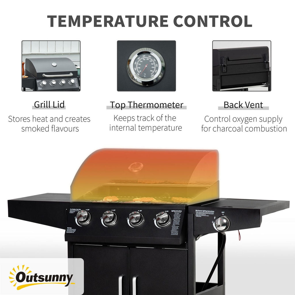 52 Barbecue Grill with Wheels 4+1 Burner Propane Gas Outdoor BBQ Trolley Black