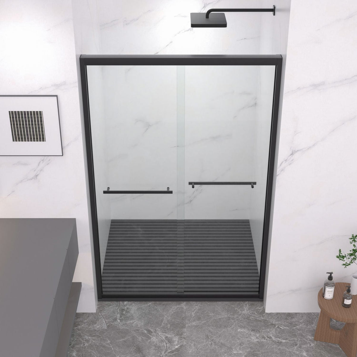 Aluminum Frame Double Sliding Shower Door, Bypass Bathroom Sliding Door with Premium 5/16" (8mm) Clear Tempered Glass, Sliding Glass, Matte Black