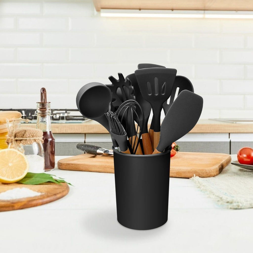 11-Piece Premium Silicone Cooking Utensil Set with Heat-Resistant Wooden Handles for Versatile Kitchen Use