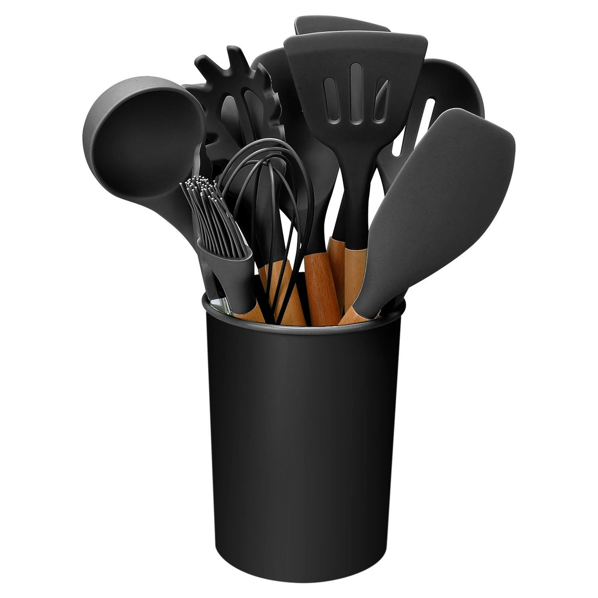 11-Piece Premium Silicone Cooking Utensil Set with Heat-Resistant Wooden Handles for Versatile Kitchen Use