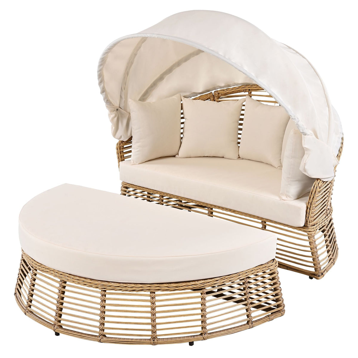 Outdoor Patio Rattan Round Daybed with Retractable Canopy, Wicker Furniture Round Poolside Sofa Sunbed with Removable Cushions, Backyard, Porch