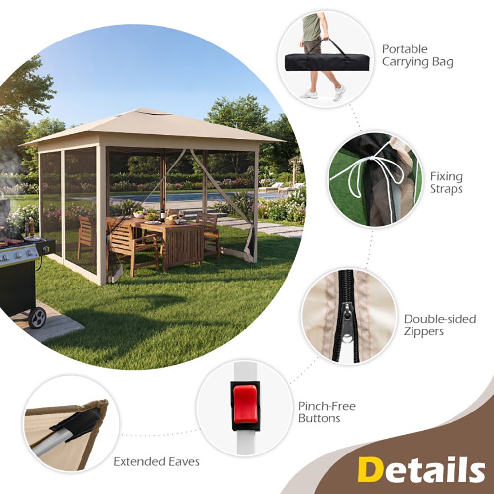 11.5x11.5 FT Pop-up Canopy, Instant 1-Person Setup Outdoor Patio Umbrella with Mesh Screen Netting