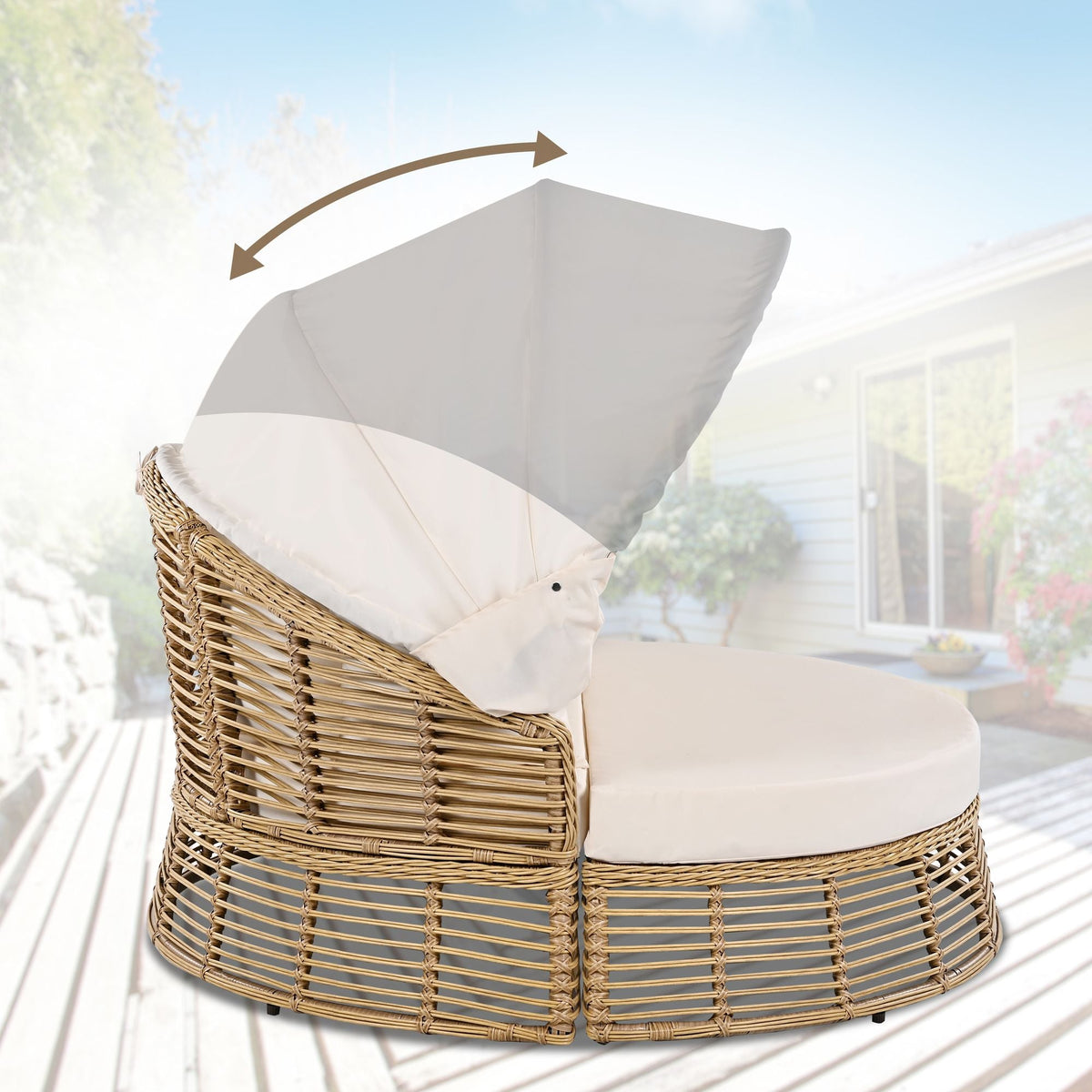 Outdoor Patio Rattan Round Daybed with Retractable Canopy, Wicker Furniture Round Poolside Sofa Sunbed with Removable Cushions, Backyard, Porch