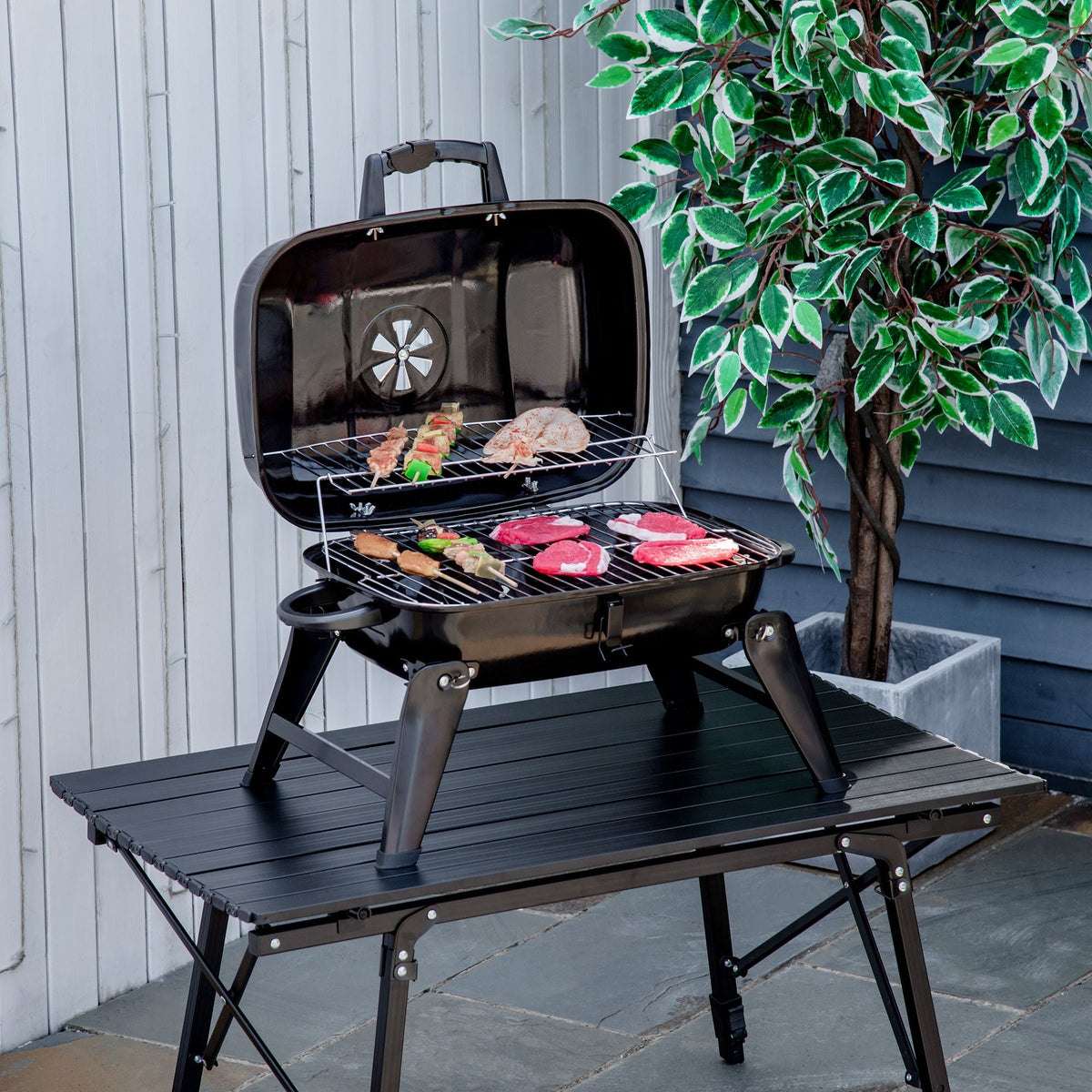 14" Portable Charcoal Grill, Tabletop Outdoor Small Grill with Heat Preservation Net, Venting System, Foldable Legs