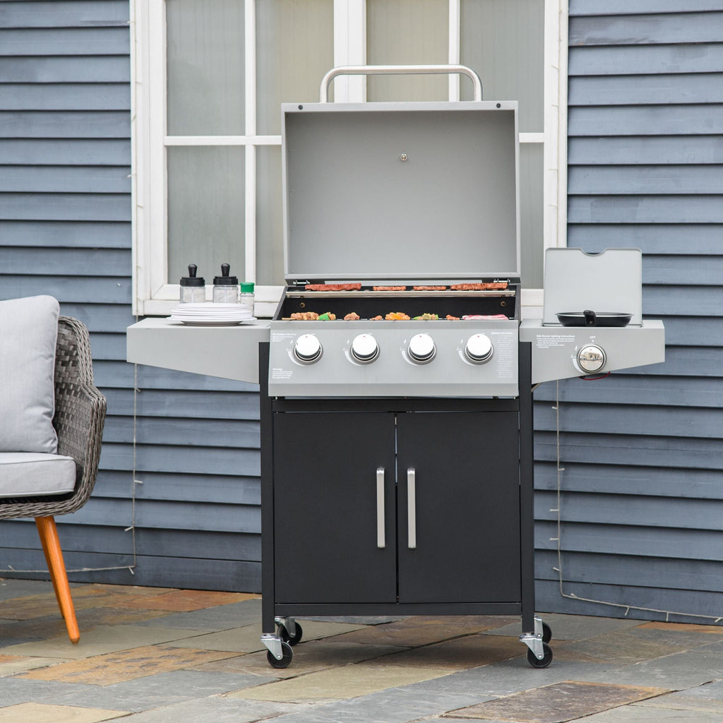52" Barbecue Grill with Wheels, 4+1 Burner Liquid Propane Gas Grill, Outdoor Cabinet Style Silver