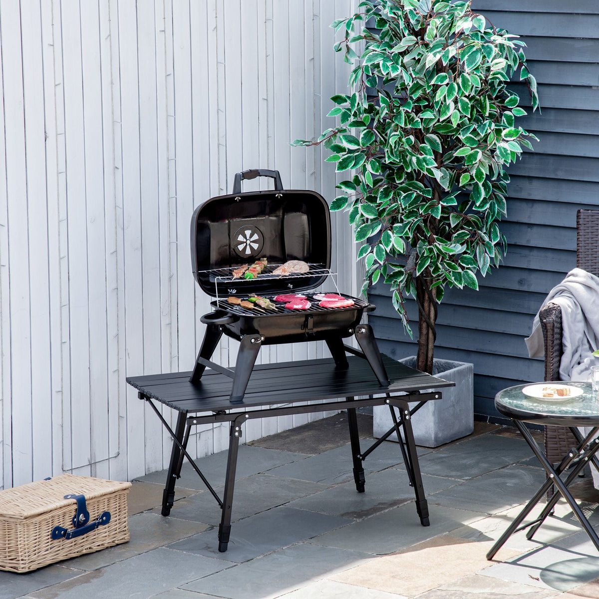 14" Portable Charcoal Grill, Tabletop Outdoor Small Grill with Heat Preservation Net, Venting System, Foldable Legs