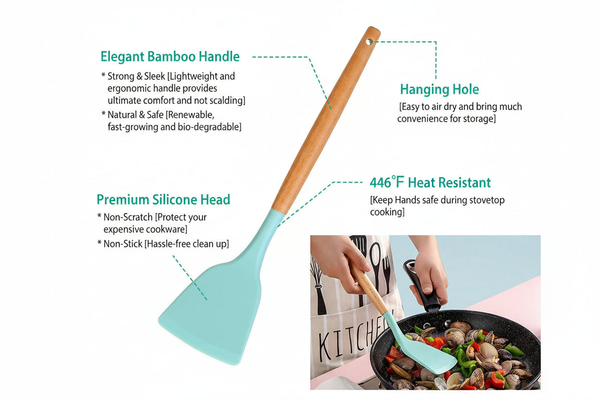 11-Piece Premium Silicone Cooking Utensil Set with Heat-Resistant Wooden Handles for Versatile Kitchen Use