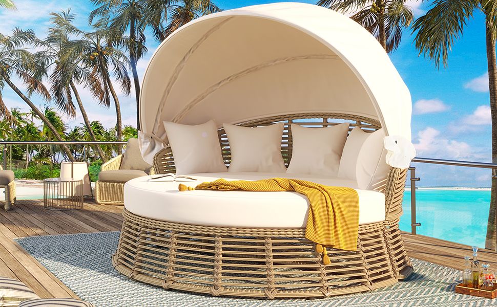 Outdoor Patio Rattan Round Daybed with Retractable Canopy, Wicker Furniture Round Poolside Sofa Sunbed with Removable Cushions, Backyard, Porch