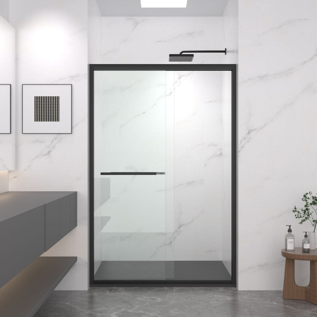 Aluminum Frame Double Sliding Shower Door, Bypass Bathroom Sliding Door with Premium 5/16" (8mm) Clear Tempered Glass, Sliding Glass, Matte Black