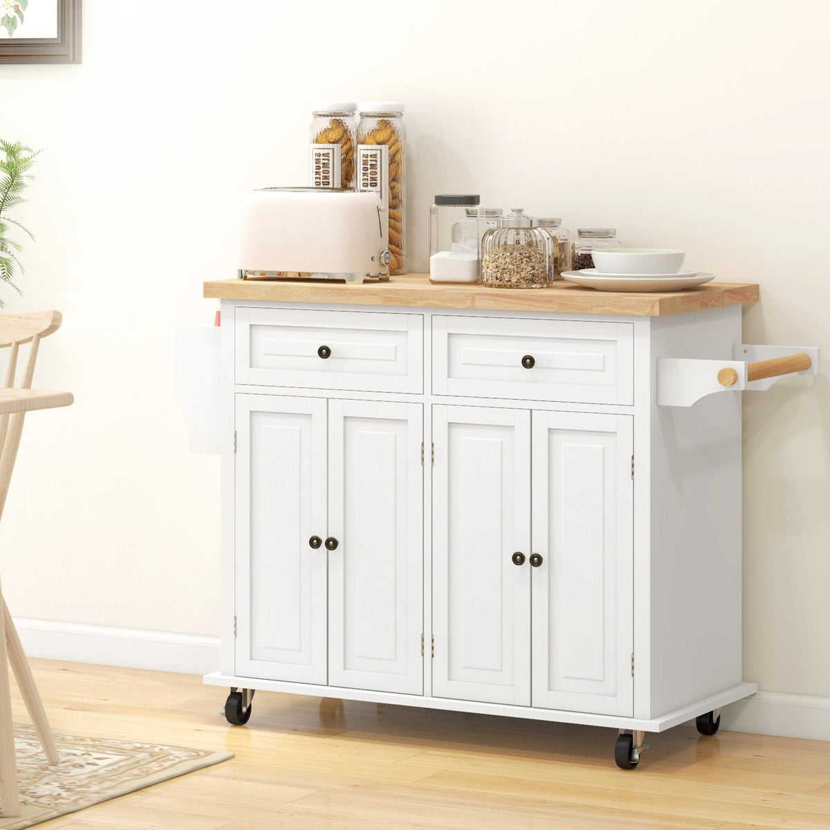 Kitchen Island on Wheels, Rolling Cart with Rubberwood Top, Spice Rack, Towel Rack and Drawers, Cream White