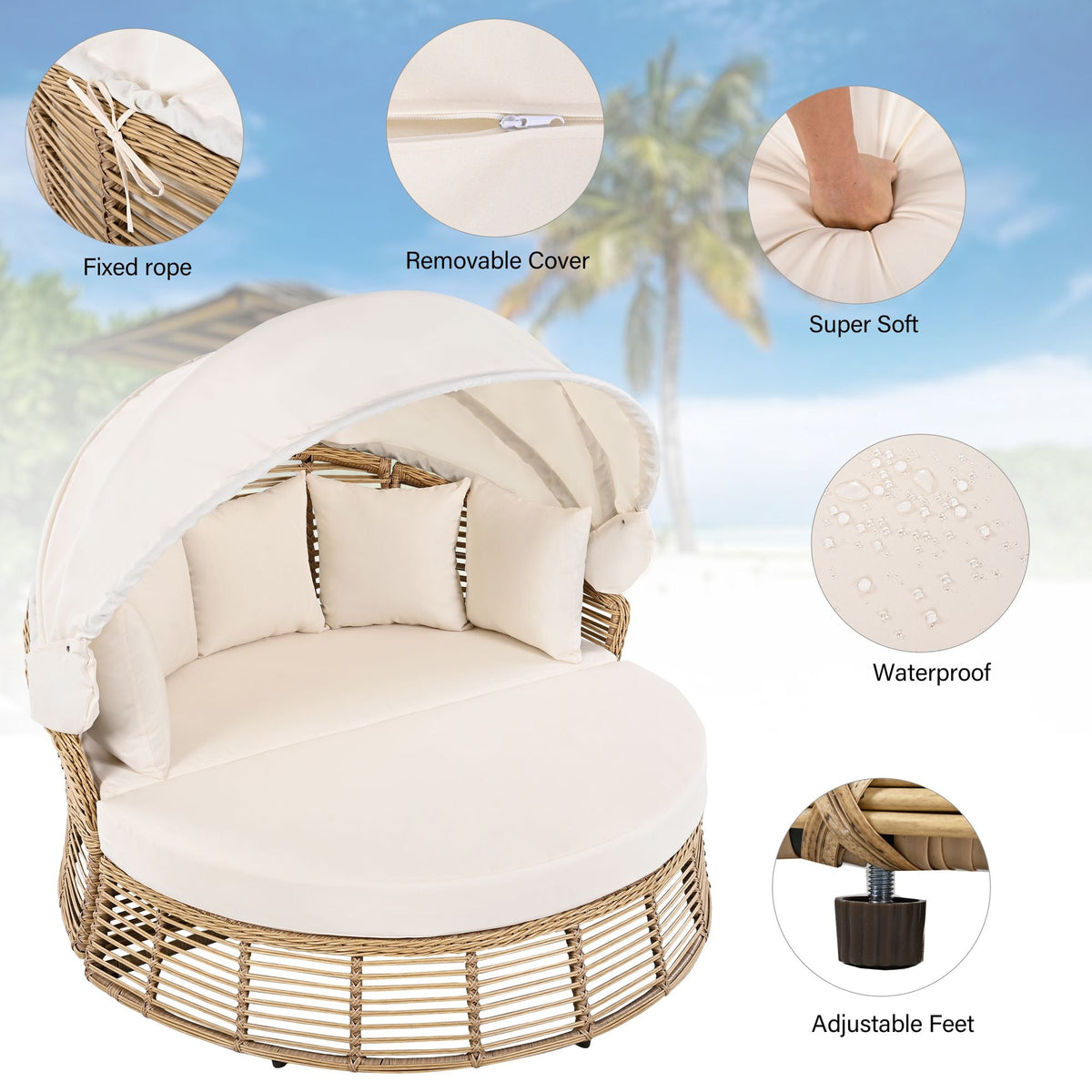 Outdoor Patio Rattan Round Daybed with Retractable Canopy, Wicker Furniture Round Poolside Sofa Sunbed with Removable Cushions, Backyard, Porch