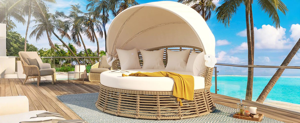 Outdoor Patio Rattan Round Daybed with Retractable Canopy, Wicker Furniture Round Poolside Sofa Sunbed with Removable Cushions, Backyard, Porch