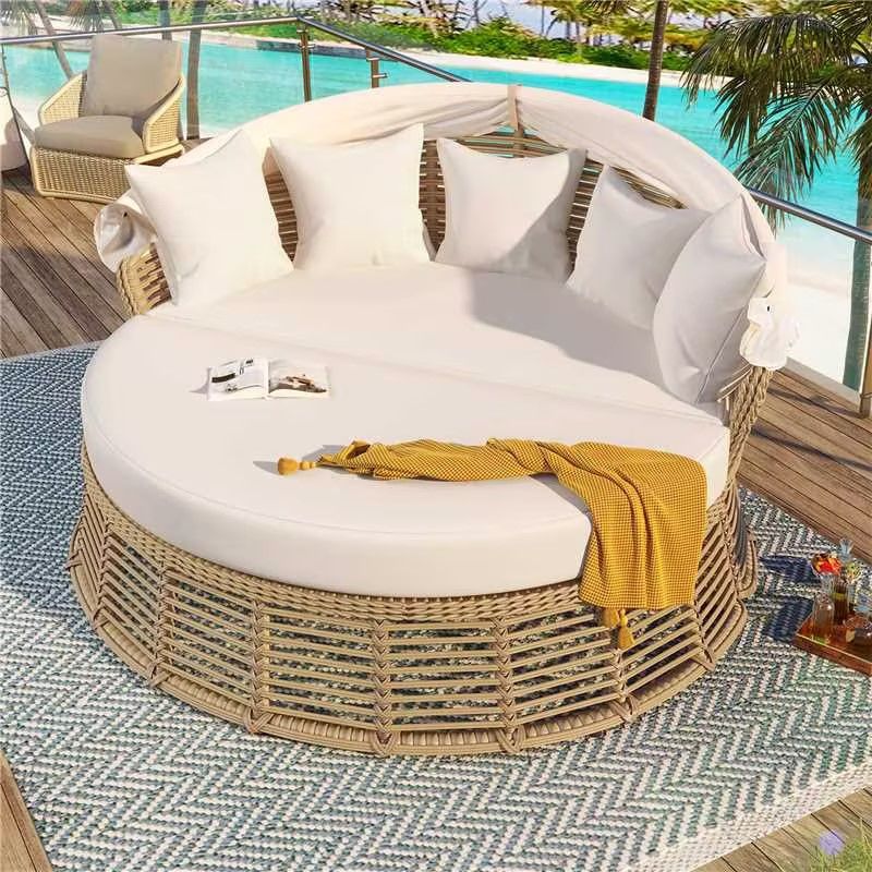 Outdoor Patio Rattan Round Daybed with Retractable Canopy, Wicker Furniture Round Poolside Sofa Sunbed with Removable Cushions, Backyard, Porch