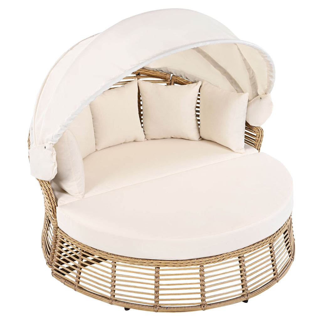 Outdoor Patio Rattan Round Daybed with Retractable Canopy, Wicker Furniture Round Poolside Sofa Sunbed with Removable Cushions, Backyard, Porch