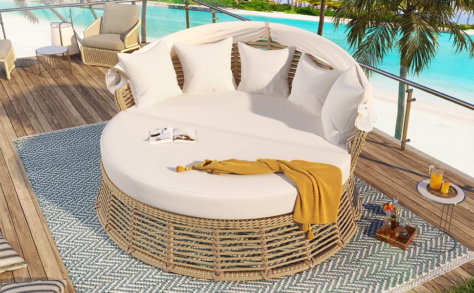 Outdoor Patio Rattan Round Daybed with Retractable Canopy, Wicker Furniture Round Poolside Sofa Sunbed with Removable Cushions, Backyard, Porch