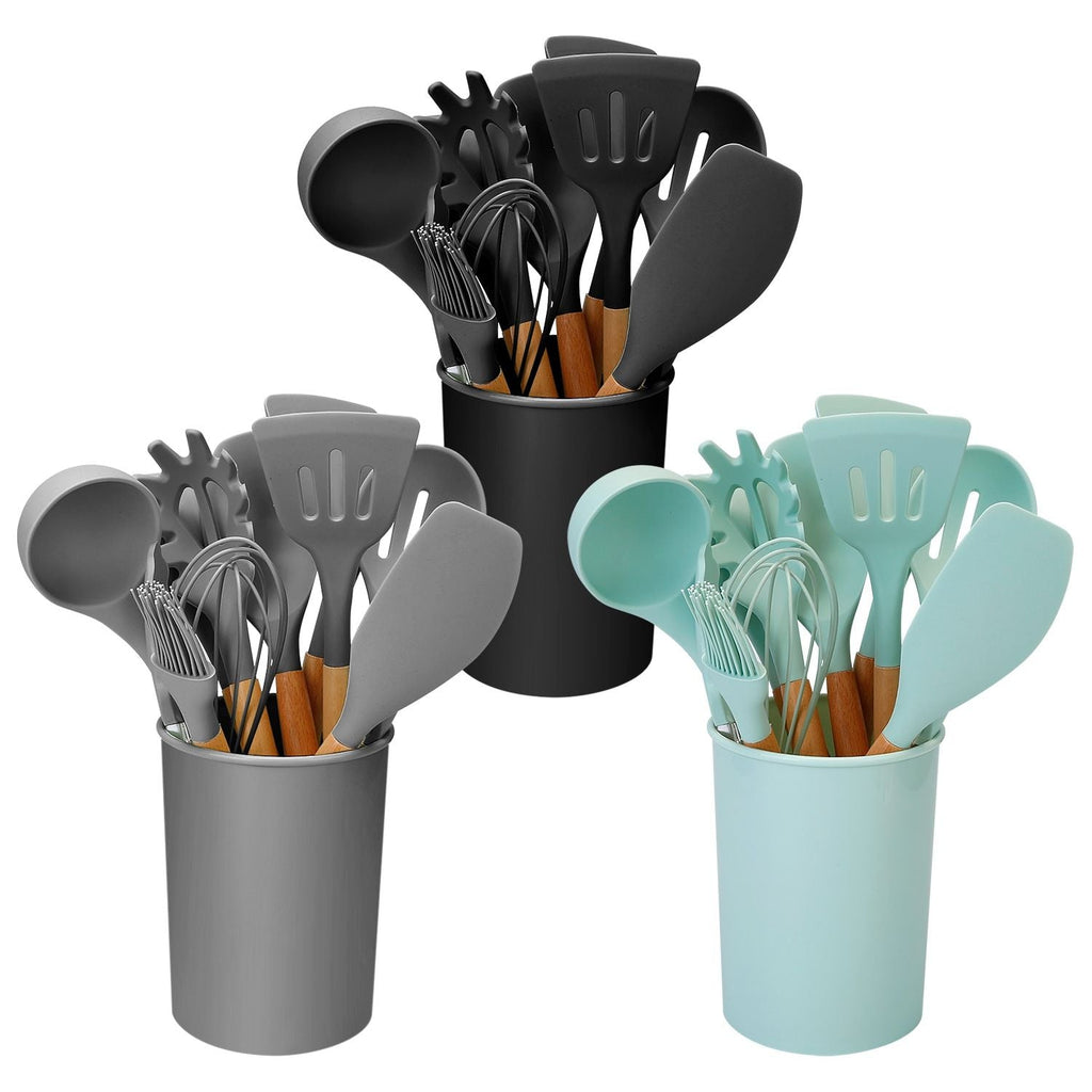 11-Piece Premium Silicone Cooking Utensil Set with Heat-Resistant Wooden Handles for Versatile Kitchen Use